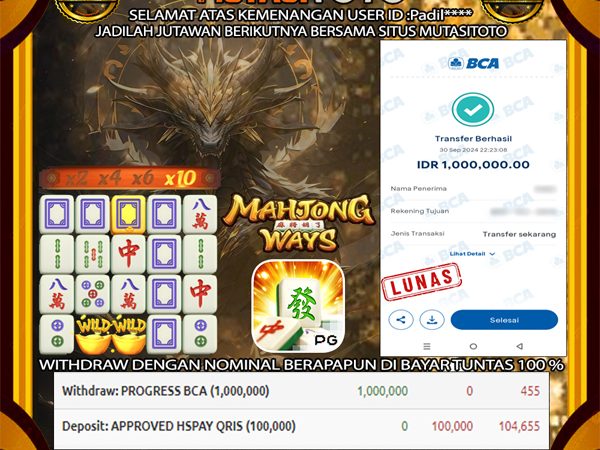 Bukti kemenangan “MAHJONG WAYS” MutasiToto 01-Oktober-2024